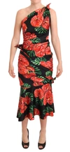 DOLCE & GABBANA DOLCE & GABBANA BLACK SHINY SILK FLORAL PRINT DRAPED WOMEN'S DRESS