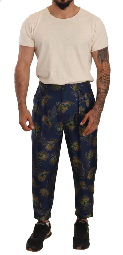 Dolce & Gabbana Blue Peacock Print Tapered Trousers Silk Trousers