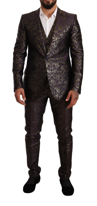 Dolce & Gabbana Purple Gold Brocade Slim 3 Piece Sicilia Suit