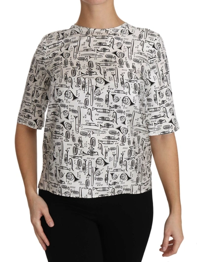 Dolce & Gabbana Musical Instruments Print Silk Blouse In White
