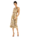Mac Duggal Hand Beaded High Neck Midi Dress In Gold Amethyst
