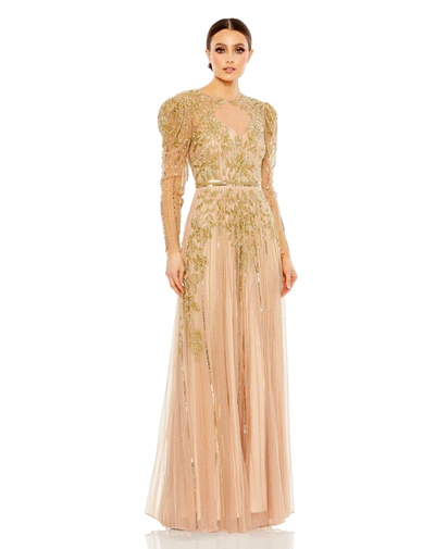 MAC DUGGAL PINK AND GOLD BEADED ILLUSION PUFF SLEEVE GOWN