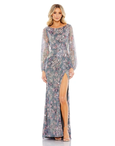MAC DUGGAL GRAY EMBELLISHED ILLUSION LONG SLEEVE FAUX WRAP GOWN
