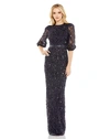 Mac Duggal Sequin Sheer Sleeve Sheath Gown In Midnight