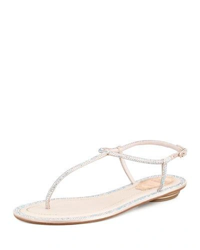 René Caovilla Crystallized Ankle-wrap Flat Thong Sandal, Silver In Champagne