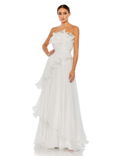 Mac Duggal Pleated Tiered Ruffled Strapless Gown In White