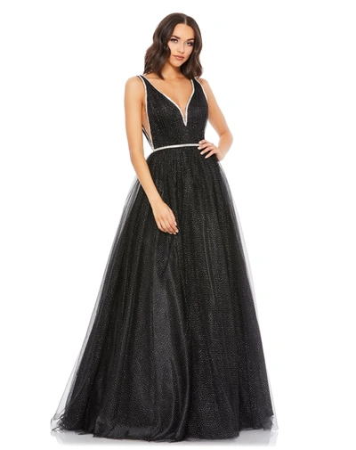 Mac Duggal Rhinestone Detailed Tulle Ball Gown In Black Silver