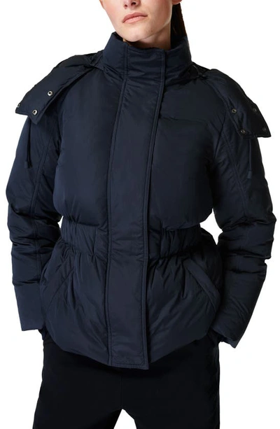 Sweaty Betty Formation Hooded Puffer Jacket In French Navy Blue