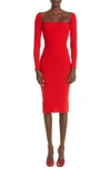 Laquan Smith Long Sleeve Square Neck Rib Midi Dress In Cherry