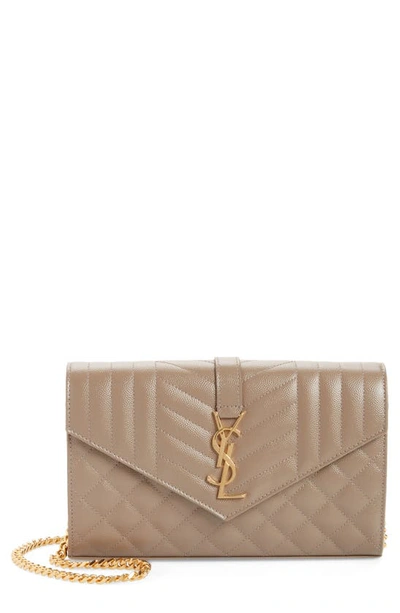 Saint Laurent Ysl Tri-quilted Wallet On Chain In Greyish Brown