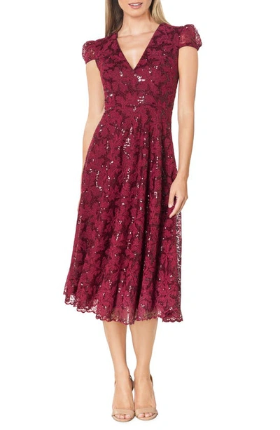Dress The Population Women's Magdalena Leaf Sequin Lace Fit & Flare Midi-dress In Burgundy