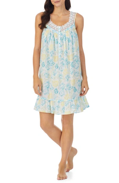 Eileen West Short Cotton Lawn Nightgown In Aqua Floral