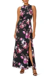 ADRIANNA PAPELL FLORAL FOIL SLEEVELESS FRONT SLIT DRESS