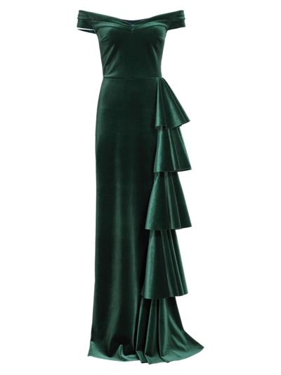 green emerald velvet dress Off The Shoulder Deep Plunge Velvet Maxi Dress - Emerald Green