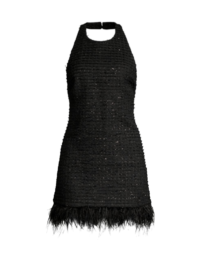 Aiifos Women's Jackie Tweed Feather-trim Halter Dress In Black