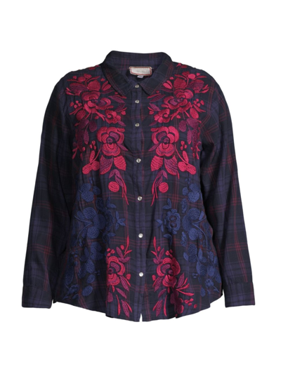 Johnny Was Plus Size Tuscan Embroidered Plaid Shirt