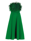 Badgley Mischka Strapless Belted Feather-embellished Scuba Midi Dress In Emerald