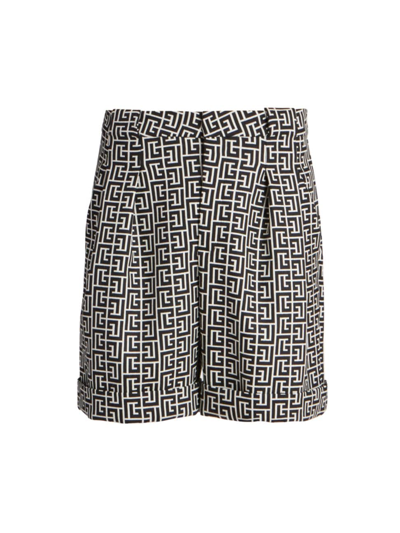 Balmain Monogram-jacquard Wool Bermuda Shorts In Ivoire Noir