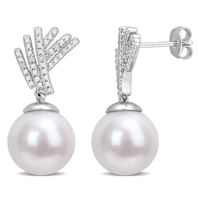 Amour 11-12mm Freshwater Cultured Pearl And Diamond Accent Drop Earrings In Sterling Silver In White