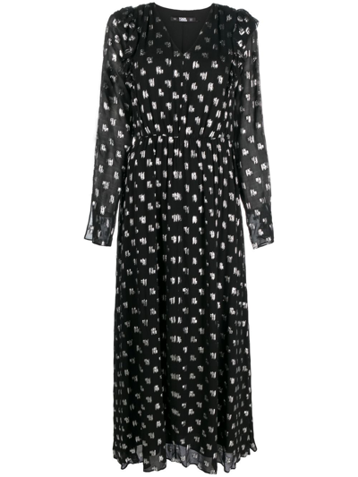 Karl Lagerfeld Metallic Monogram-print Maxi Dress In Black