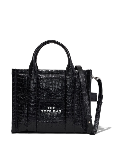 Marc Jacobs The Croc Embossed Medium Leather Tote Bag In Black