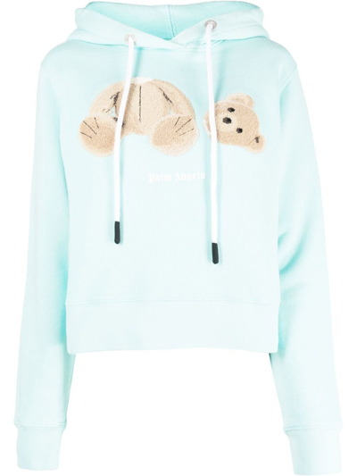 Palm Angels Bear Logo-motif Cropped Hoodie In Blue