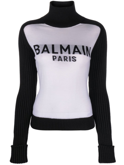 Balmain Logo-intarsia Colour-block Jumper In White