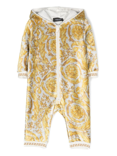 Versace Babies' Barocco-print Hooded Bodysuit In Yellow