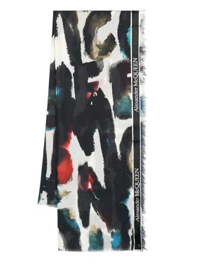 Alexander Mcqueen Graffiti-print Cotton-blend Scarf In Blue