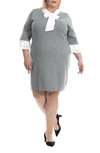 Nina Leonard Three-quarter Sleeve Bow Tie Sweater Dress In Light Grey/ Ivory