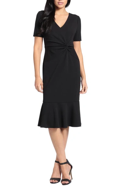 London Times Petites Womens Short Sleeve Midi Sheath Dress In Black