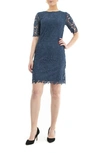 Nina Leonard Jewel Neck Lace Dress In Blue Moon