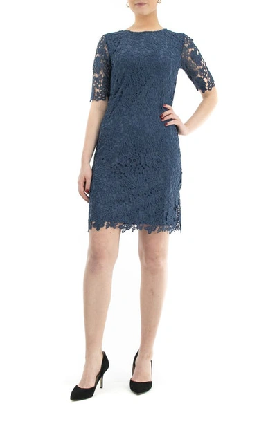 Nina Leonard Jewel Neck Lace Dress In Blue Moon