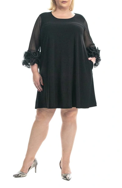 Nina Leonard Ruffle Cuff Shift Dress In Black