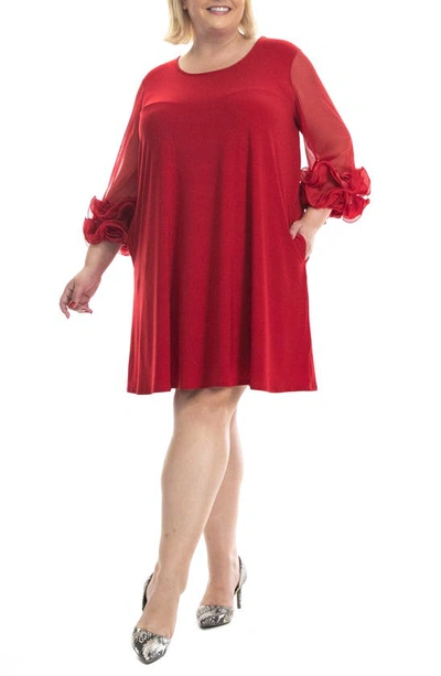 Nina Leonard Ruffle Cuff Shift Dress In Nina Red