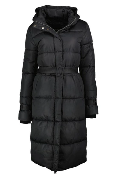Noize Mara Belted Maxi Puffer Coat With Removable Hood In Black