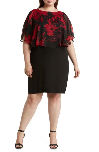 Connected Apparel Floral Cape Overlay Sheath Dress In Red