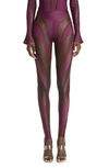 Mugler Sheer Spiral Stirrup Leggings In Raisin / Black