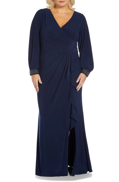 Adrianna Papell Draped Beaded Long Sleeve Jersey Gown In Midnight | ModeSens
