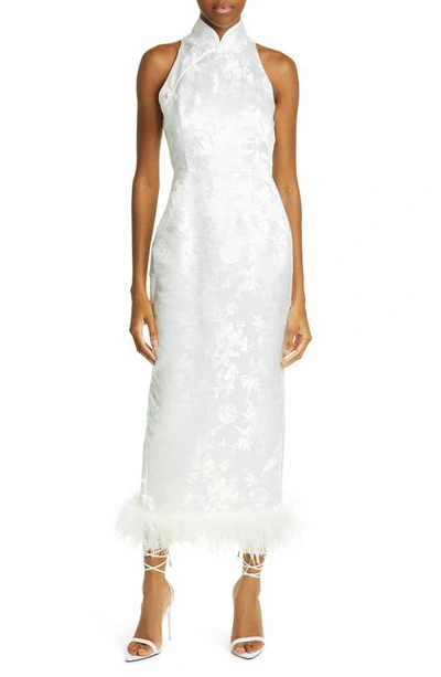 Sau Lee Jillian Floral Jacquard Feather Trim Dress In White