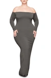 Skims Smooth Lounge Off The Shoulder Long Sleeve Maxi Dress In Gunmetal