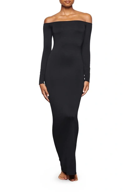 Skims Smooth Lounge Off The Shoulder Long Sleeve Maxi Dress In Onyx