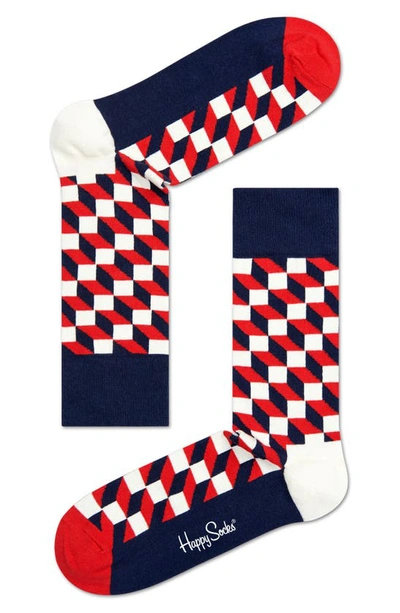 Happy Socks Filled Optic Cotton Blend Crew Socks In Navy/ Red/ White