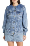 Ganni Blue Oversized Crinkle Denim Jacket In Mid Blue Stone