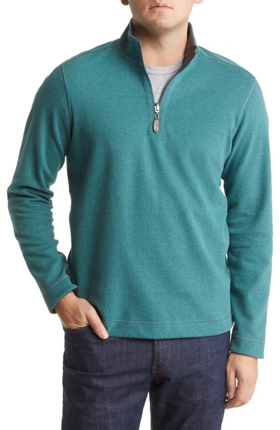 Johnston & Murphy Reversible Cotton Blend Quarter Zip Pullover In Emerald/ Brown