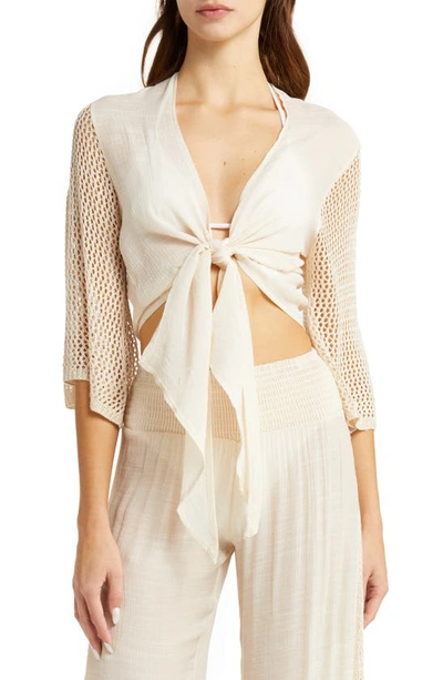 Elan Crochet Tie Front Cover-up Top In Natural