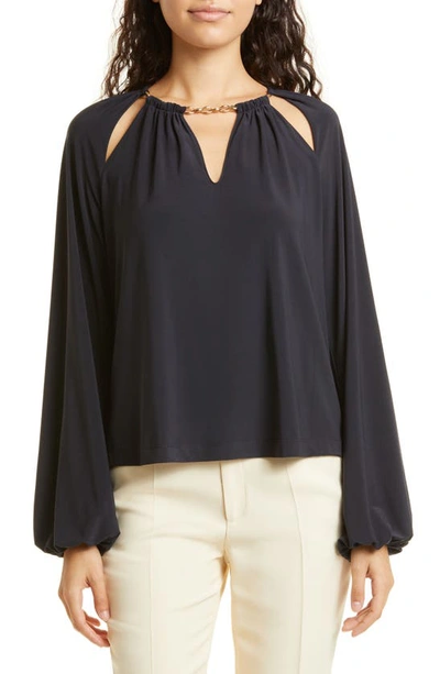 Ramy Brook Varinda Balloon Sleeve Chain Neck Cutout Blouse In Blue