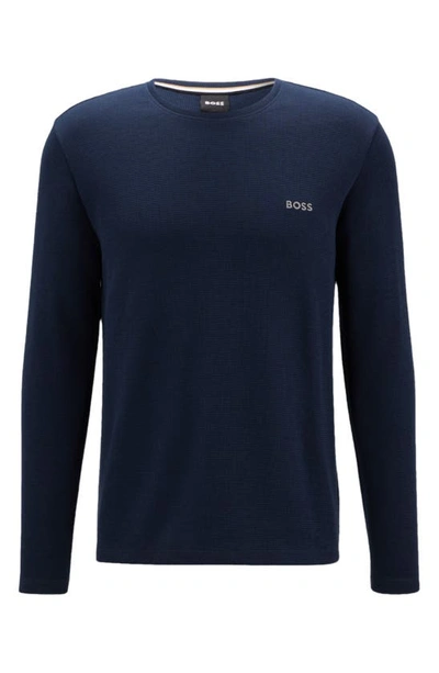Hugo Boss Cotton Blend Waffle Knit Embroidered Logo Long Sleeve Tee In Black