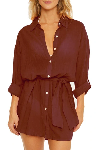 Becca Long Sleeve Tie Waist Cotton Shirtdress In Coconut