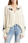 FREE PEOPLE TUSALOSSA EMBROIDERED LACE TRIM SPLIT NECK TOP